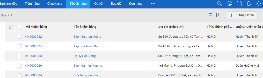 Giao diện quản lý danh sách khách hàng trên AMIS CRM