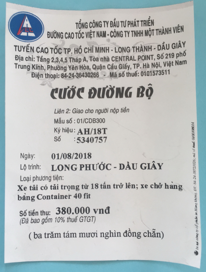 biên lai cước đường bộ