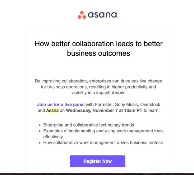 Mẫu email mời người nhận đăng ký tham gia sự kiện của Asana (Nguồn: Internet)