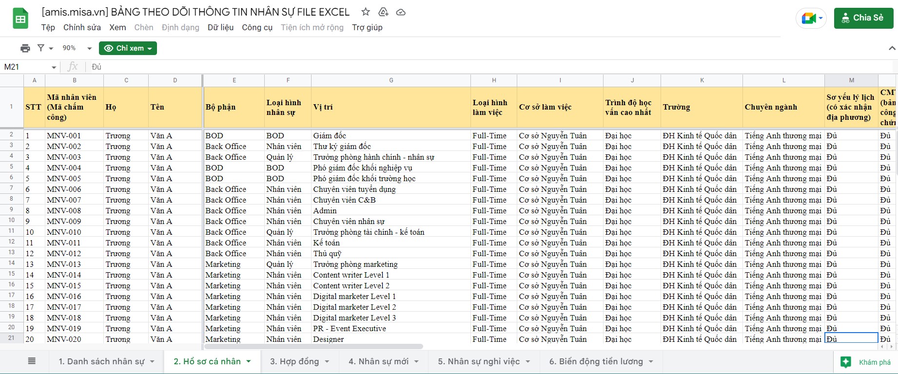 quản lý nhân sự bằng excel 