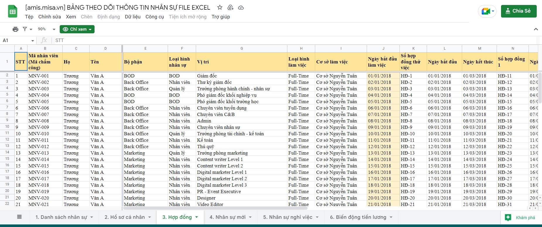 quản lý nhân sự bằng excel 