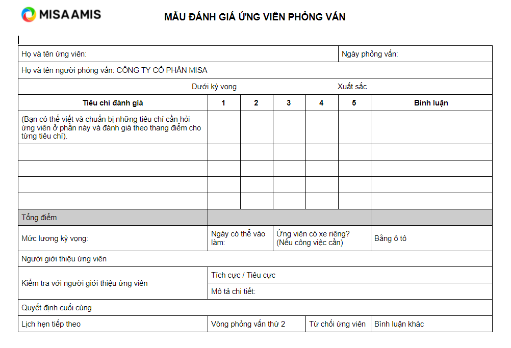 Mẫu phiếu đánh giá năng lực ứng viên phỏng vấn