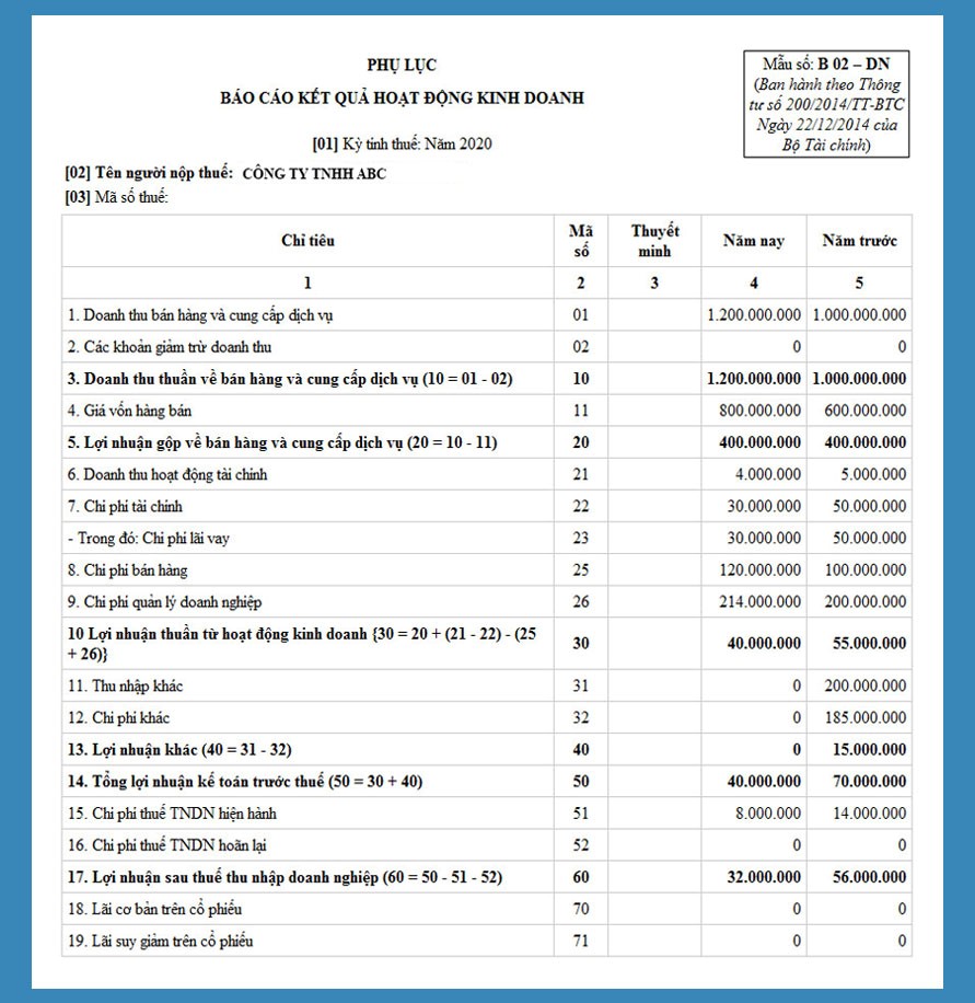 Báo cáo kết quả hoạt động kinh doanh năm 2020 (số liệu giả định)