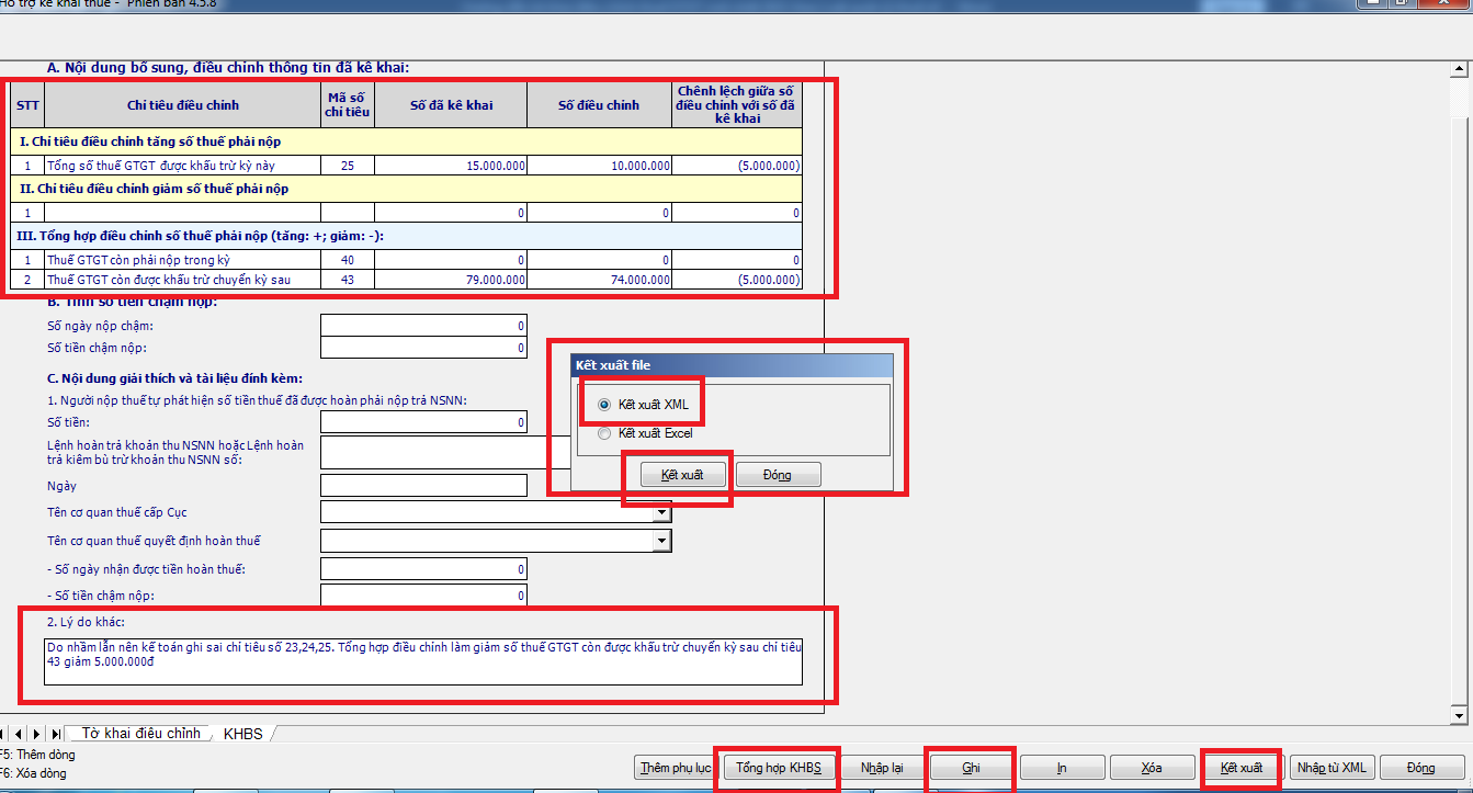 Hình 15: Ghi nhận lý do kê khai sai và kết xuất tờ khai bổ sung xml để nộp qua mạng