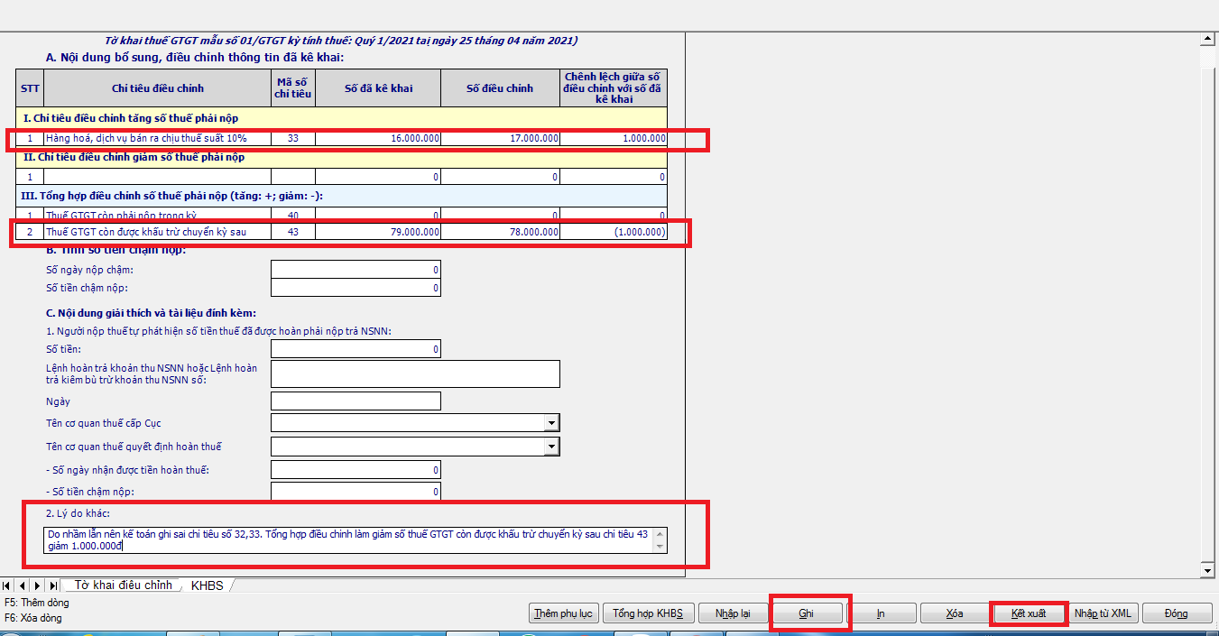Hình 18: Ghi nhận lý do kê khai sai và kết xuất tờ khai bổ sung xml trường hợp 3