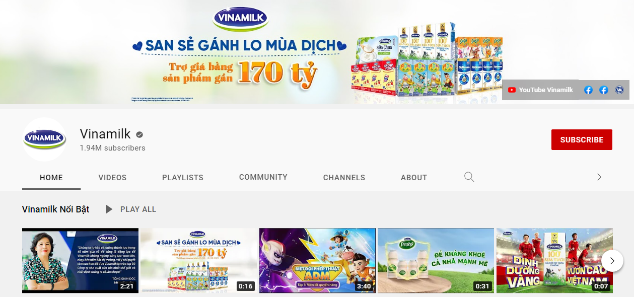 kênh youtube của vinamilk