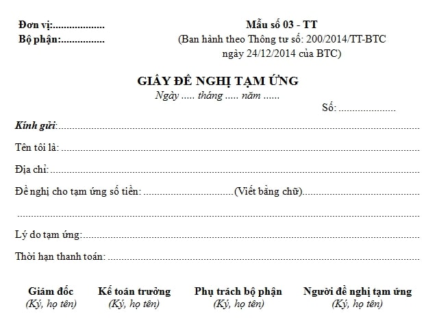 Hình 3 : Mẫu giấy đề nghị tạm ứng