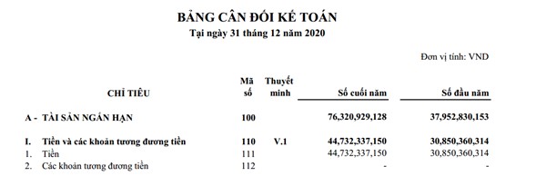 Ví dụ bảng cân đối kế toán