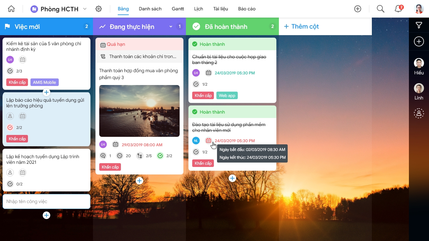 Các công việc được phân chia rõ ràng theo tab dưới dạng bảng Kanban
