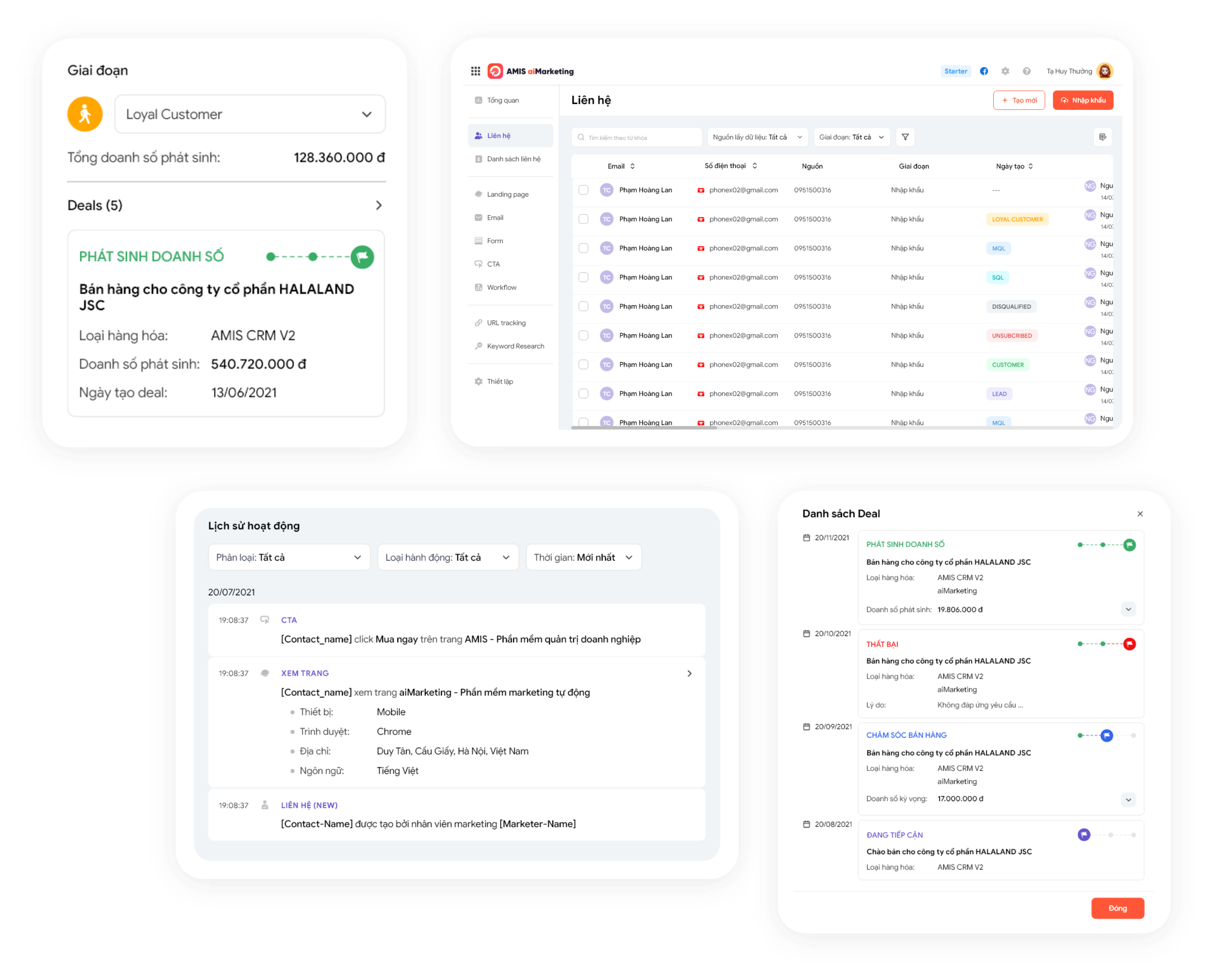 AMIS aiMarketing thể hiện chi tiết từng điểm chạm khách hàng trên lịch sử hoạt động của module Customer Profile.