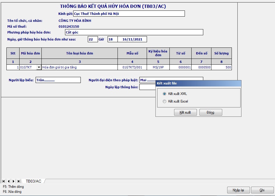 Kết xuất file XML tờ khai “Thông báo kết quả hủy hóa đơn" 