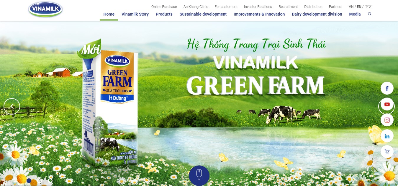 Trang chủ giới thiệu về công ty Vinamilk trên website.