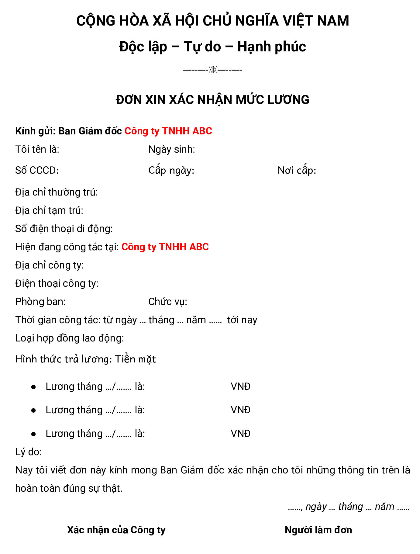 Mẫu xác nhận lương số 5