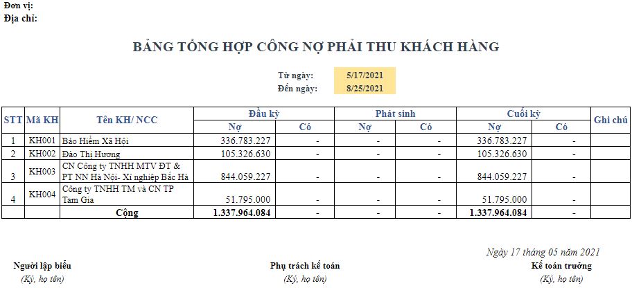 bảng tổng hợp công nợ phải thu