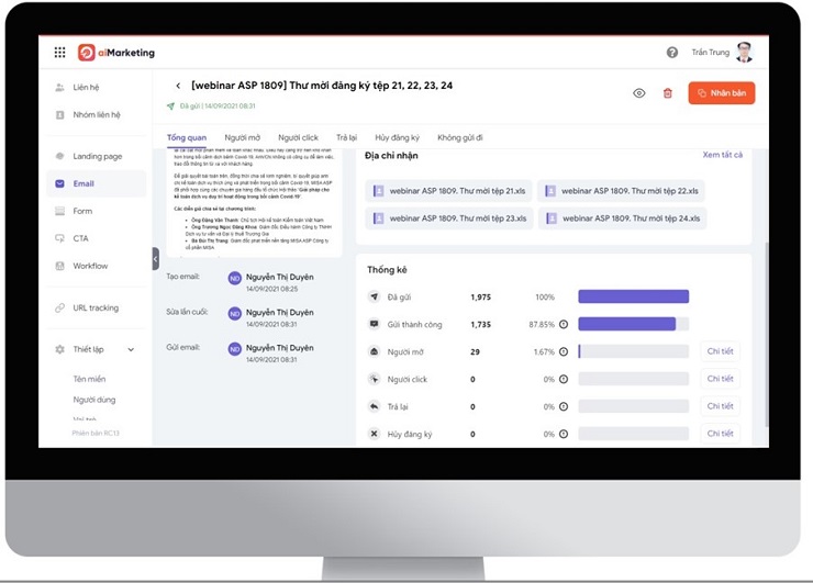 Hệ thống báo cáo hiệu quả chiến dịch Email Marketing với các chỉ số: tỷ lệ gửi thành công, tỷ lệ mở email, tỷ lệ email không gửi được, tỷ lệ truy cập link trong email