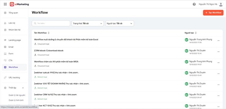 Giao diện quản lý các workflow trên aiMarketing