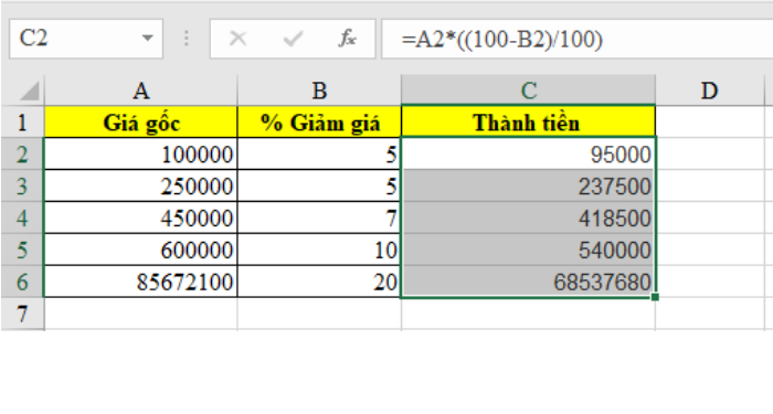 Công thức tính giảm giá phần trăm