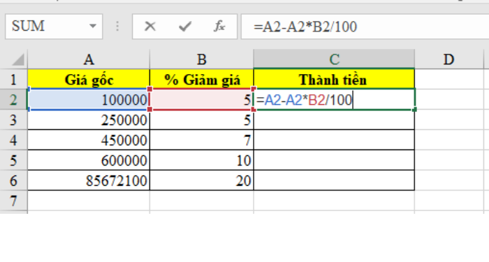 Tính giảm giá phần trăm bằng Excel