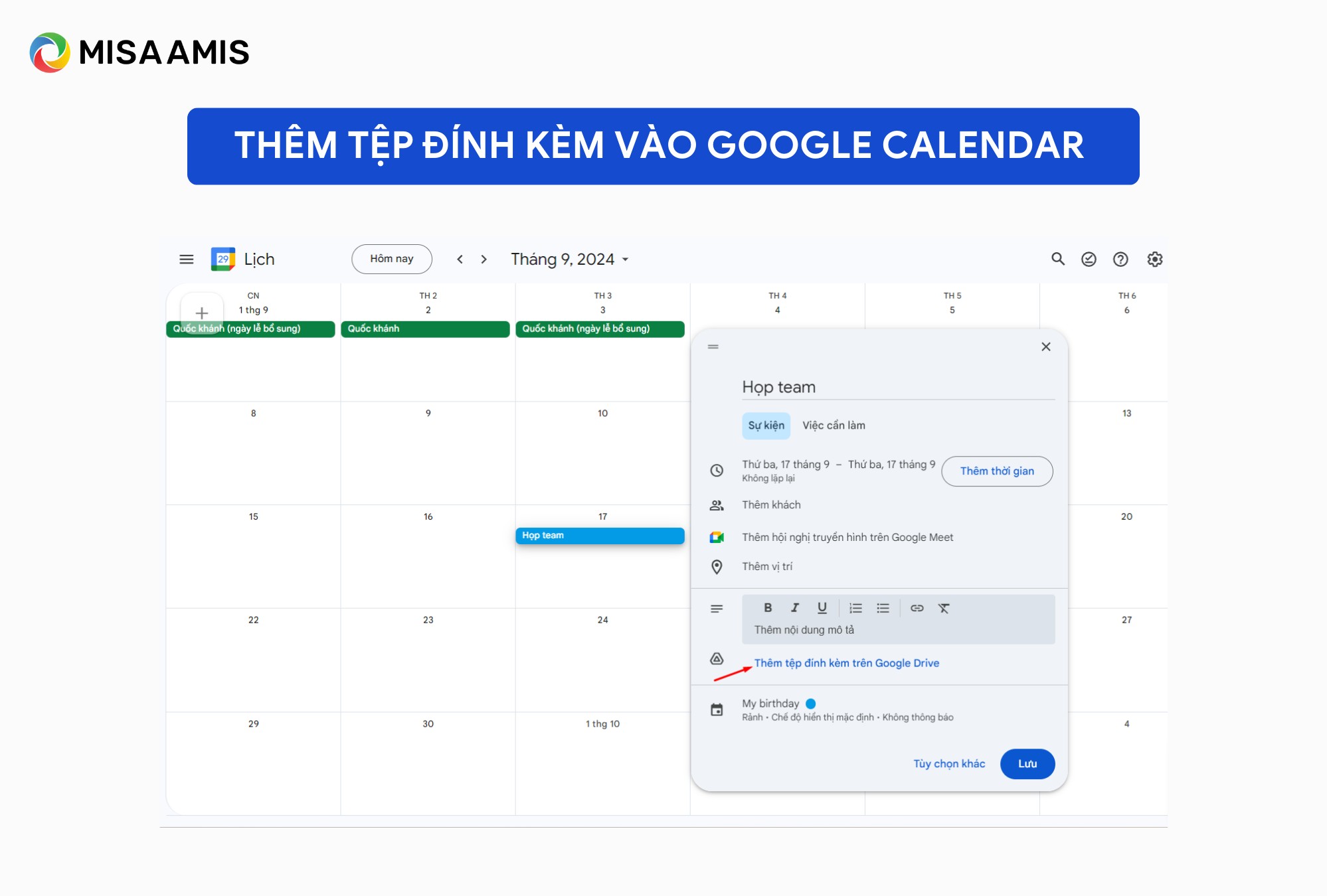 thêm tệp đính kèm vào google calendar