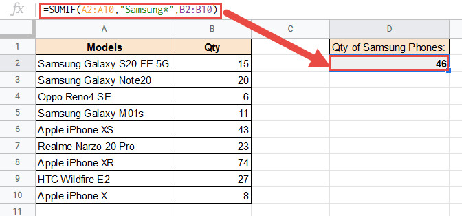 Ví dụ hàm Sumif trên Google Sheet