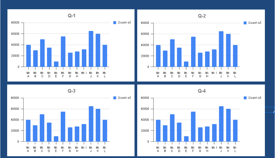 Biểu đồ số liệu bán hàng theo tháng, quý