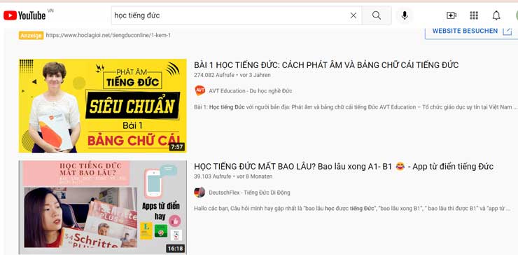 Youtube hiển thị kết quả tìm kiếm từ khóa “học tiếng đức” 