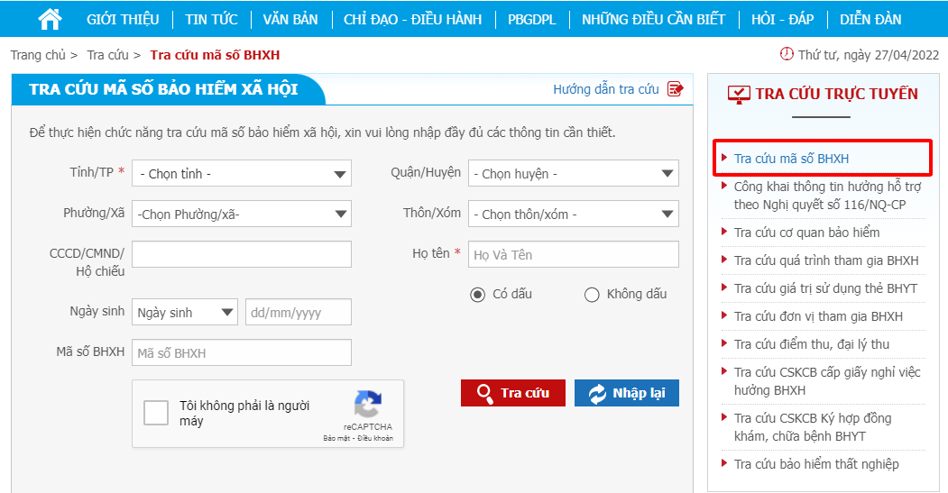 bấm vào mục tra cứu BHXH