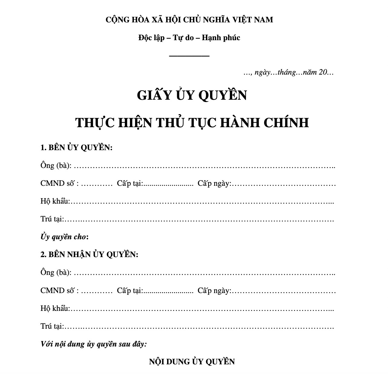 Giấy ủy quyền thực hiện thủ tục hành chính