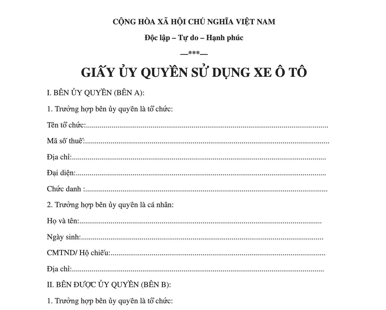 Giấy ủy quyền viết tay sử dụng ô tô