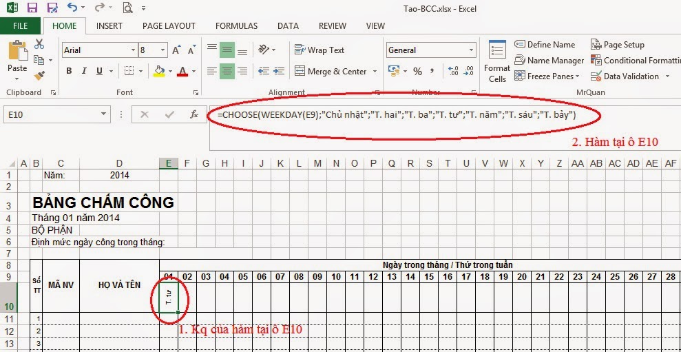 bảng chấm công excel