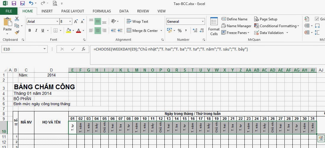 bảng chấm công excel