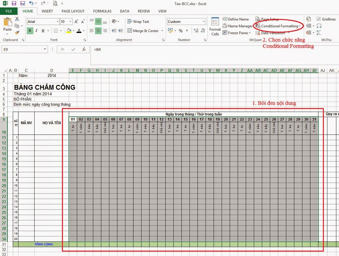 bảng chấm công excel