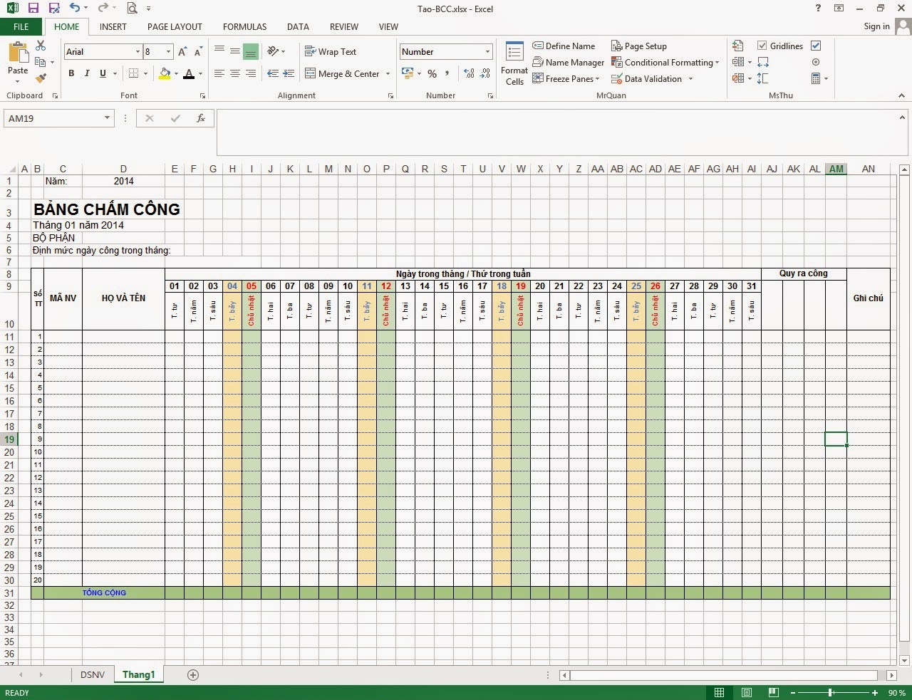 bảng chấm công excel