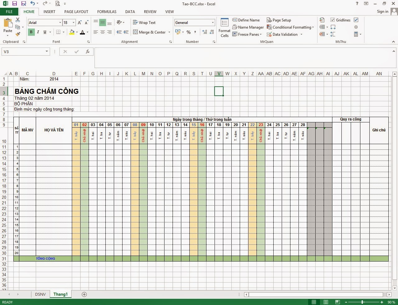 bảng chấm công excel