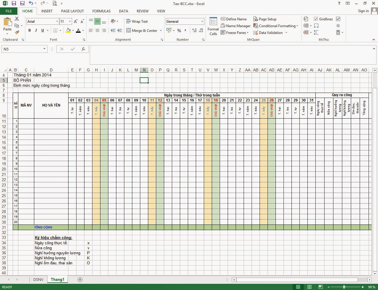 bảng chấm công excel