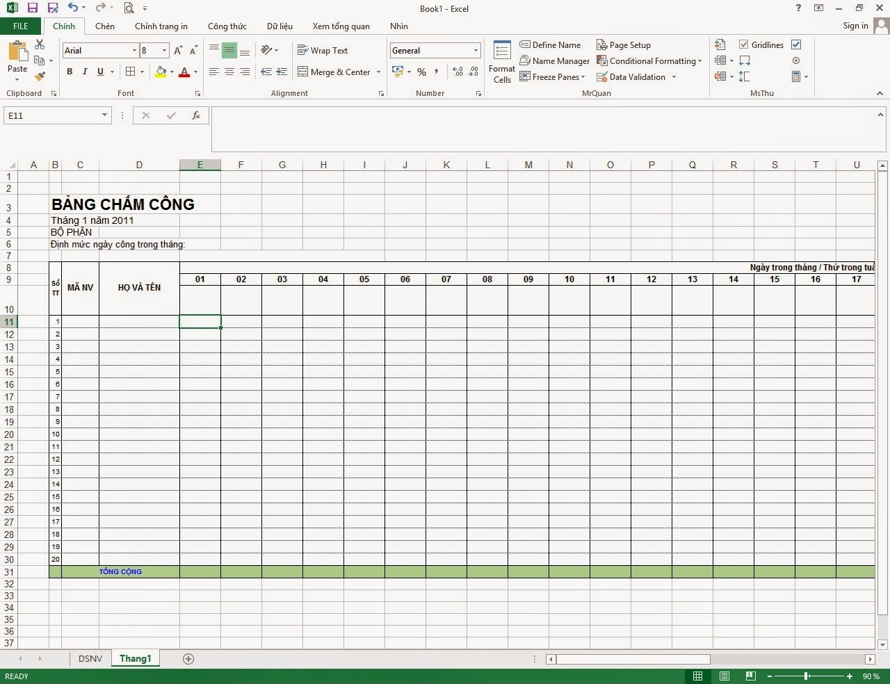 bảng chấm công excel