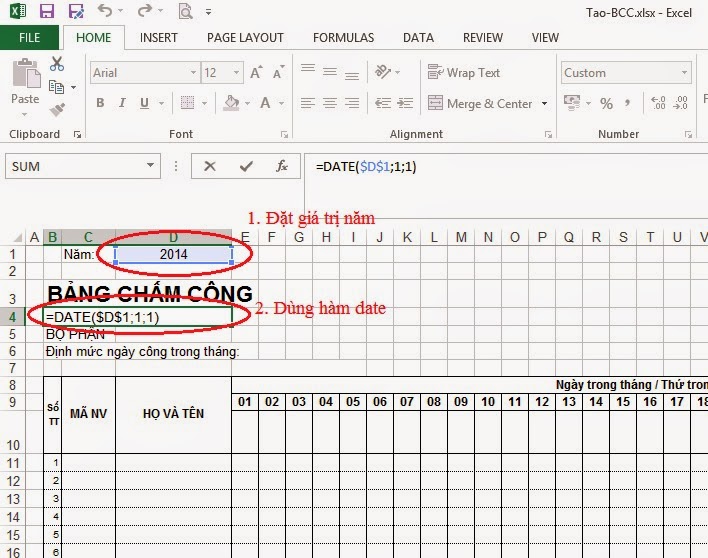 bảng chấm công excel