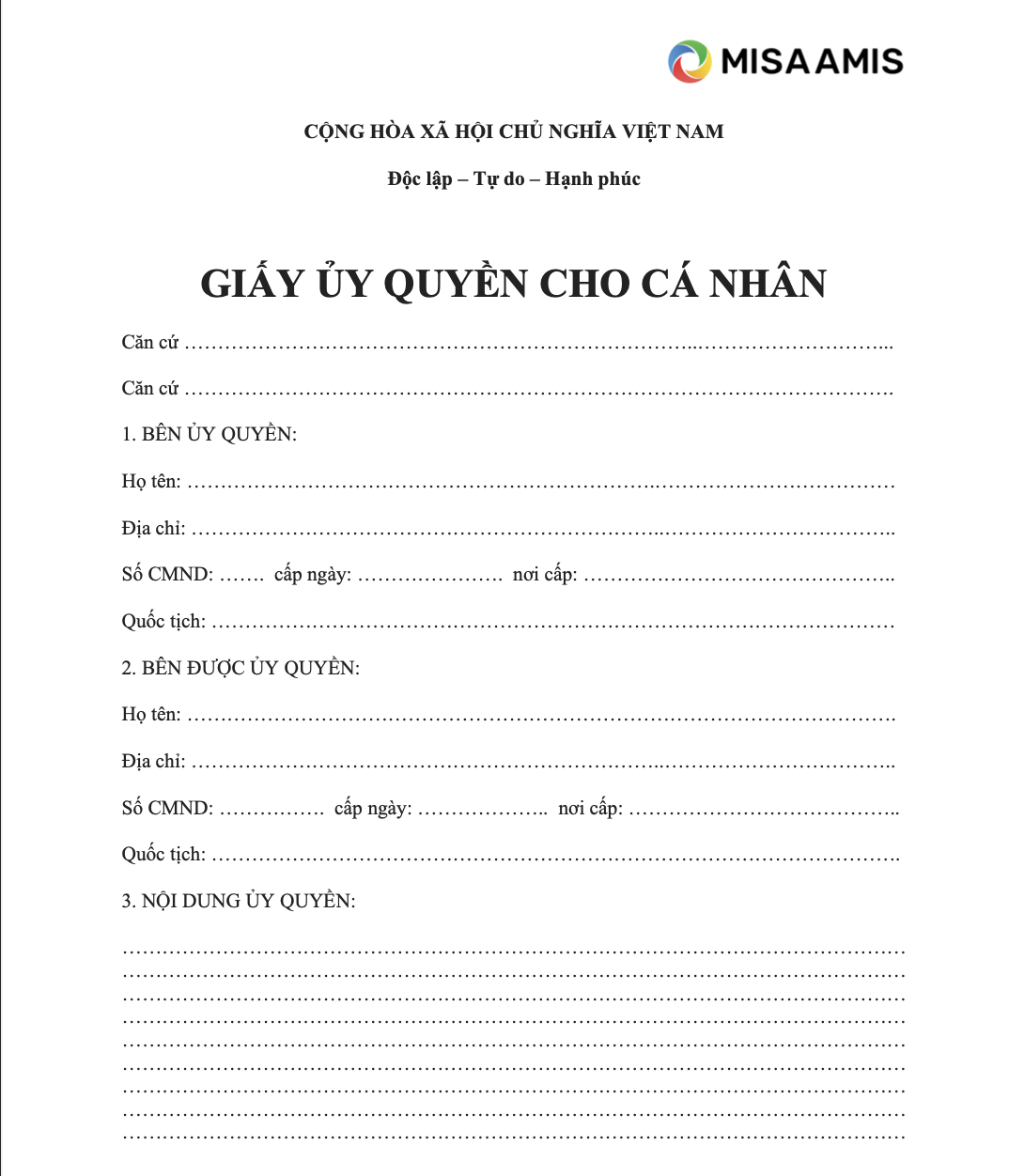 Giấy uỷ quyền cho cá nhân