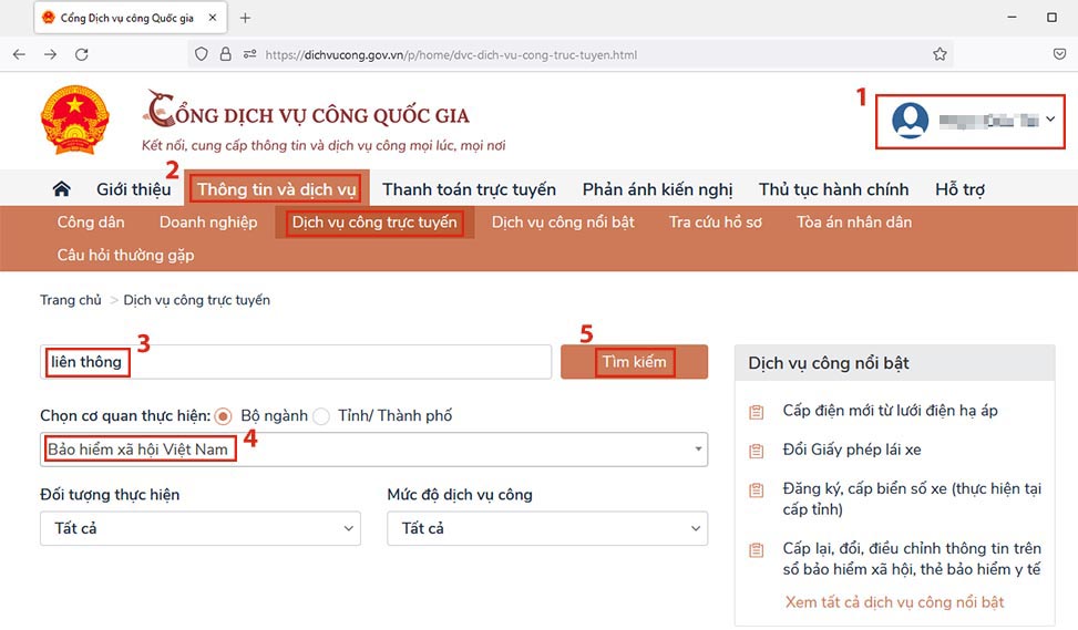 Các bước tìm kiếm nghiệp vụ trên cổng Dịch vụ công quốc gia