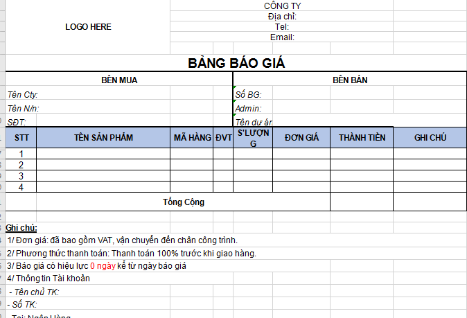 Mẫu bảng báo giá excel