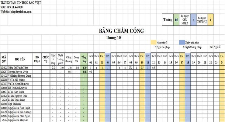 Mẫu bảng chấm công tự động trên Excel 