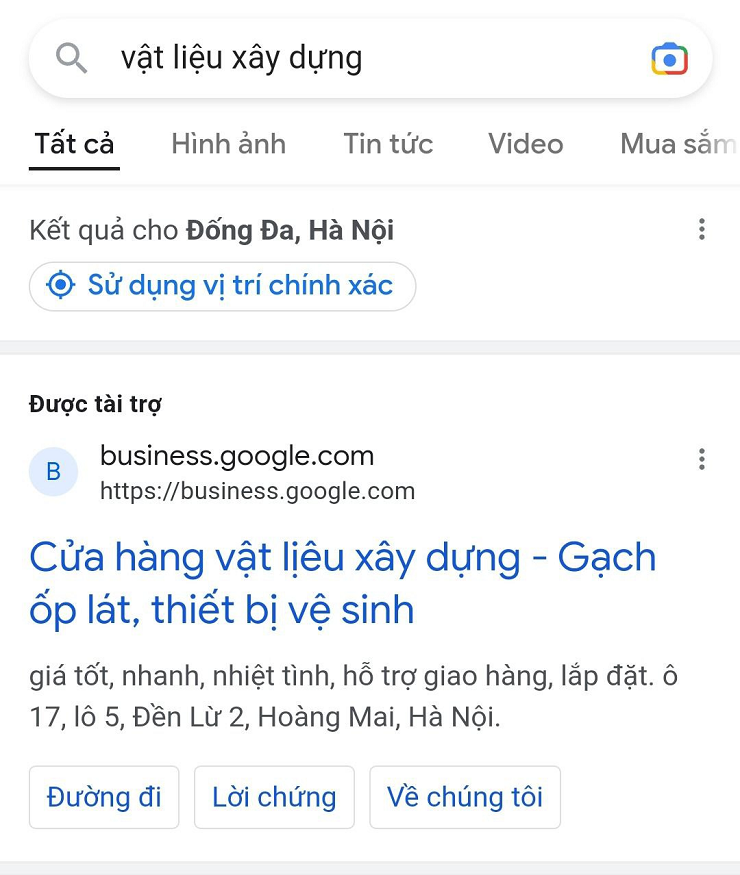 Quảng cáo Google bán buôn vật liệu xây dựng. Nguồn: Google