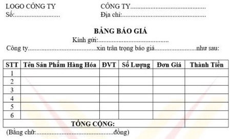 Bản báo giá được sử dụng trong hoạt động mua bán của doanh nghiệp đối với khách hàng