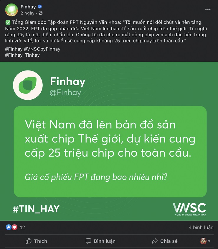 Nội dung thông tin ngắn gọn trên nền tảng Facebook. (Nguồn: Finhay)