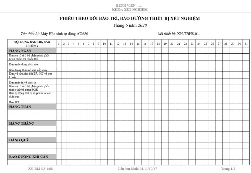 ví dụ biểu mẫu bảo trì bảo dưỡng thiết bị