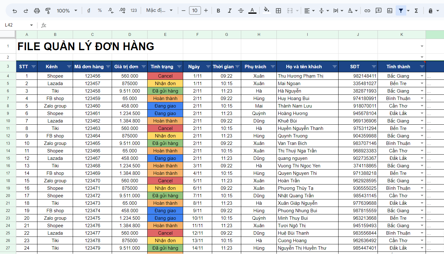 File excel quản lý tình trạng đơn hàng giúp doanh nghiệp theo dõi chặt chẽ quá trình vận hàng hóa