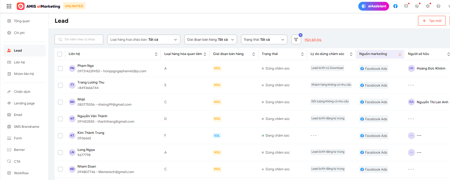 AMIS aiMarketing  thống kê chi tiết giai đoạn bán hàng của từng lead mà Facebook ads mang lại