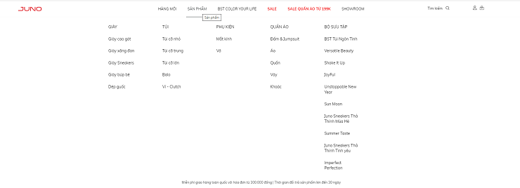 Juno phân loại sản phẩm trên website chính theo từng dòng sản phẩm