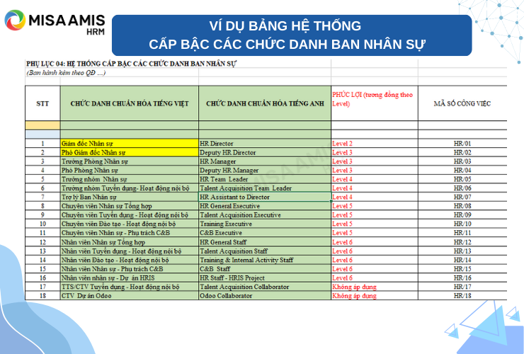 Ví dụ bảng hệ thống cấp bậc các chức danh Ban nhân sự