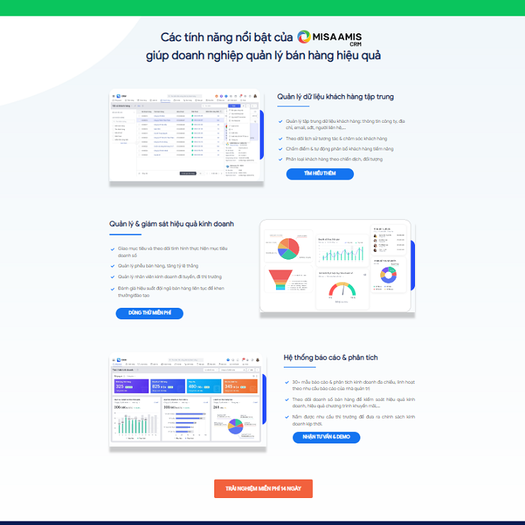 Ví dụ về Landing page bán hàng phần mềm MISA AMIS CRM - nguồn: amis.misa.vn